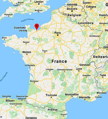 Caen Normandie C'est une carte de la france, avec le point rouge de Caen